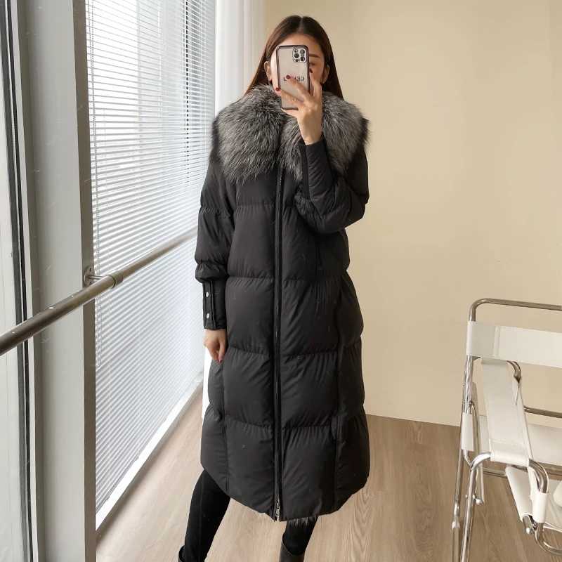 Winter Women's Coat White Goose Down With Real Fox Fur Collar Long Jacket New Fashion Full Sleeves Thick Warm Luxury Female