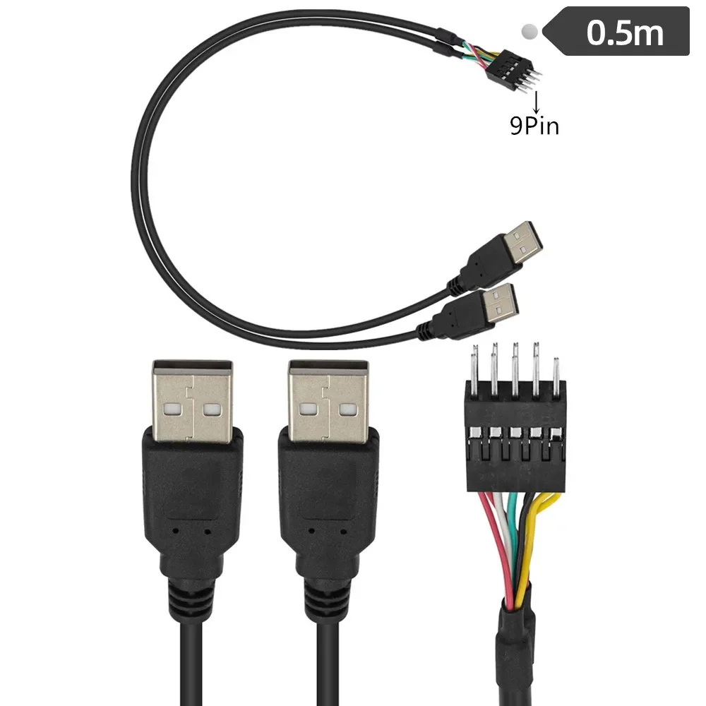 PC DIY용 마더보드 Dupont 2.54 9 핀 듀얼 USB 2.0, 수-수 익스텐션 데이터 케이블 코드, 50cm