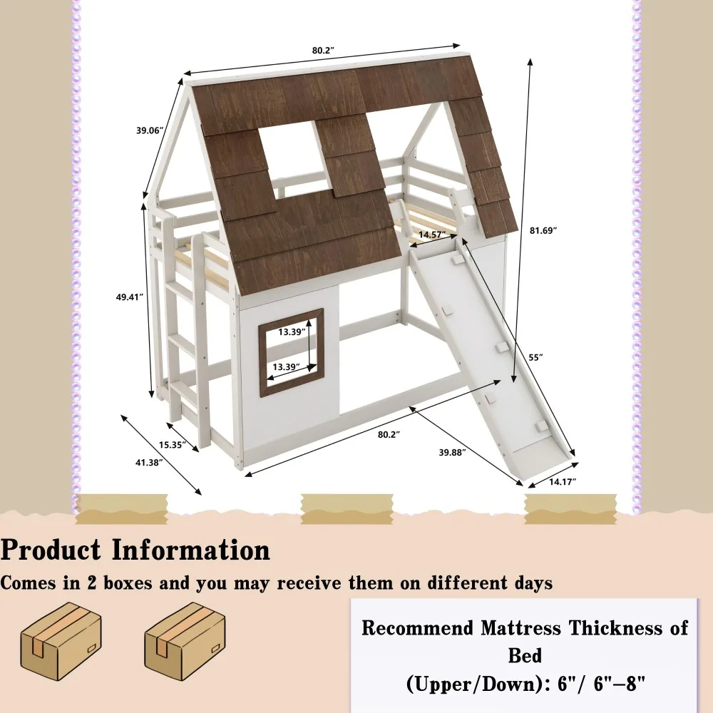 Low House Bunk Bed with Slide and Roof, Wood Twin Over Twin Floor Bunk BES for Kids 6