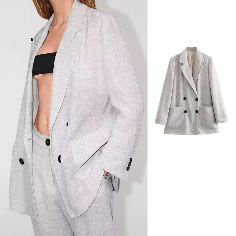 

TRAF Women Blazer 2023 Autumn Jacket Woman Long Sleeve Double Breasted Women With Pockets Chic Elegant Woman Blazers Jackets