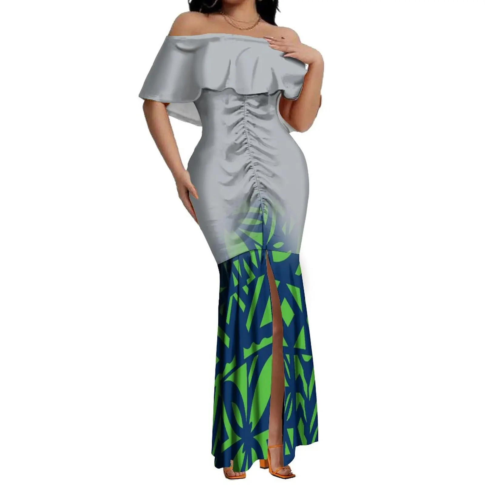 2024 New Hawaiian Gradient Polynesian Island Couple Set Women'S Off-The-Shoulder Dress Party Fishtail Skirt With Men'S Shirt