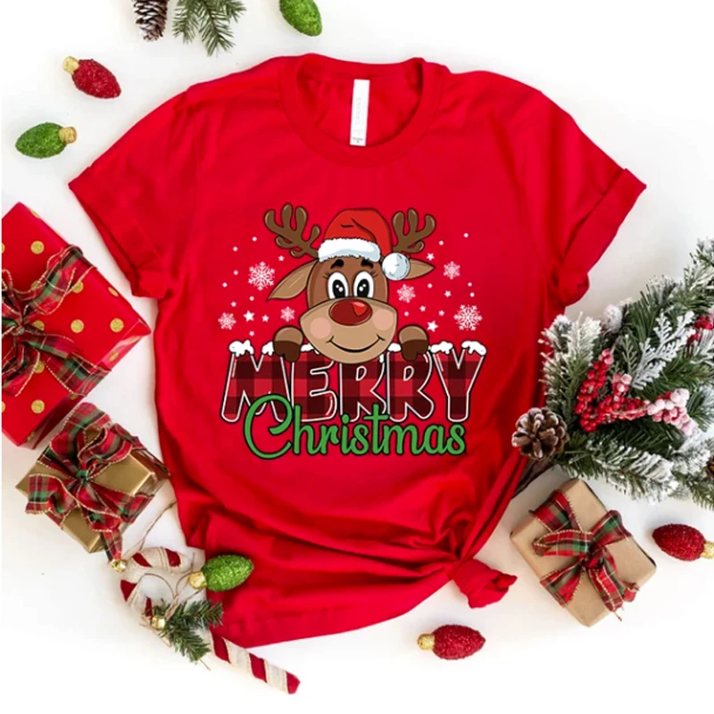 

(Premium T-shirt)Cute Merry Christmas Print T-Shirts For Women Summer Lovely Short Sleeve Casual Round Neck T-Shirts Ladies tops