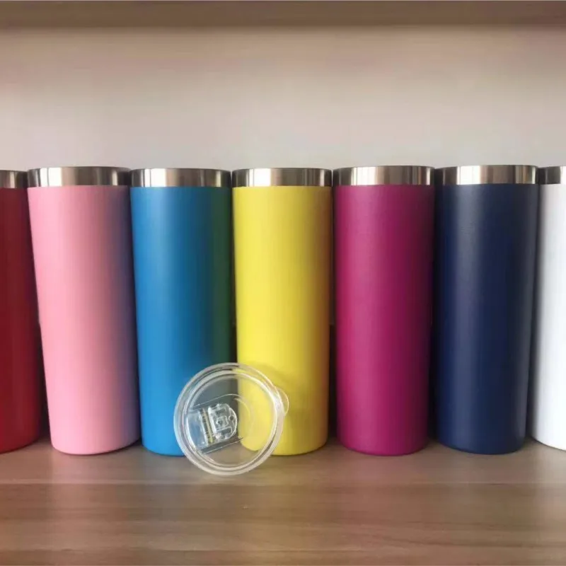 20oz 30oz Powder Coated Skinny Stainless Steel Insulated Double Wall Vacuum Skinny Coffee Tumbler Mug with Lids Water Bottle
