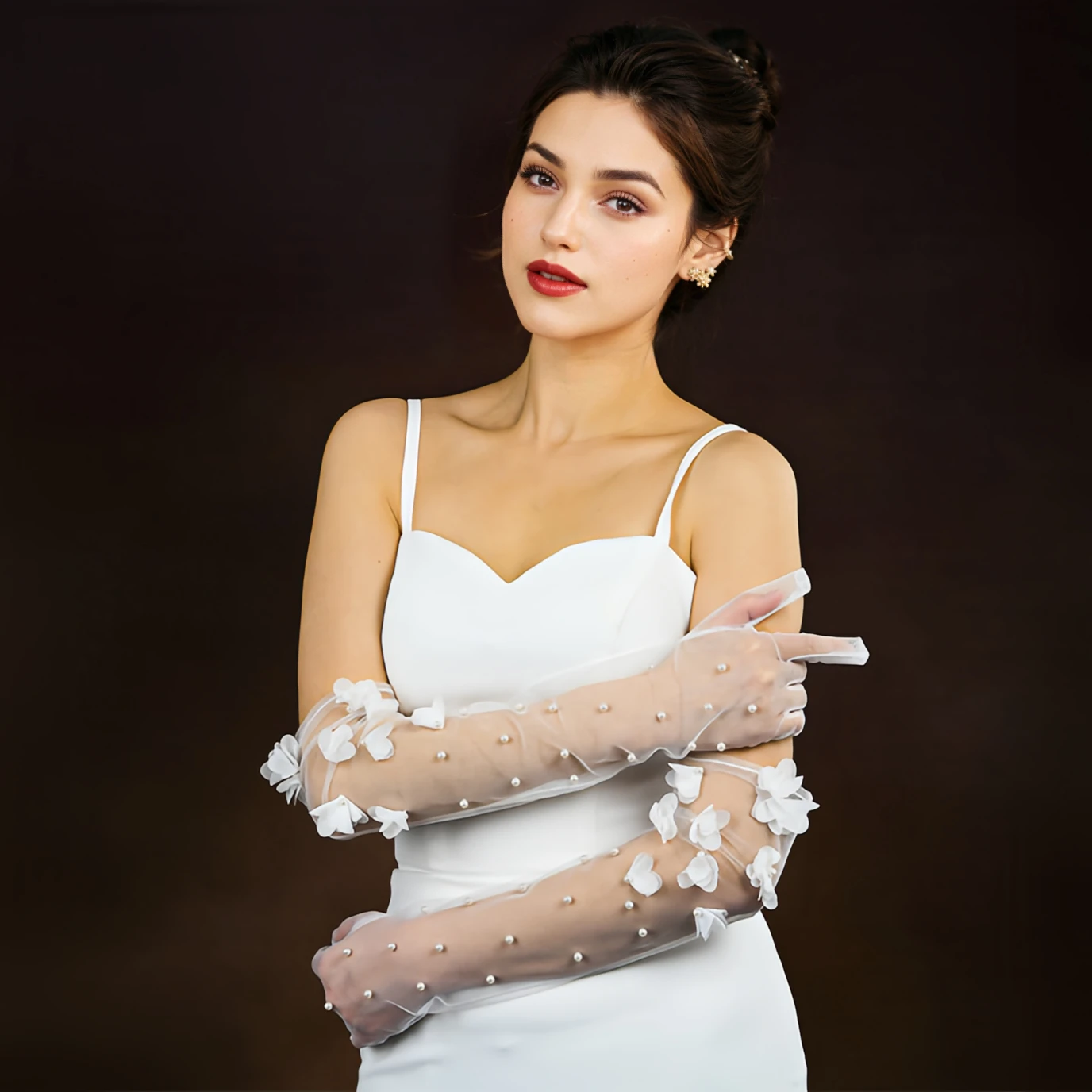 Wedding Bride Gloves Pearls Beaded Elbow Covers Arms Sleeves Long 1 Pair wedding dress gloves wedding sleeve accessories
