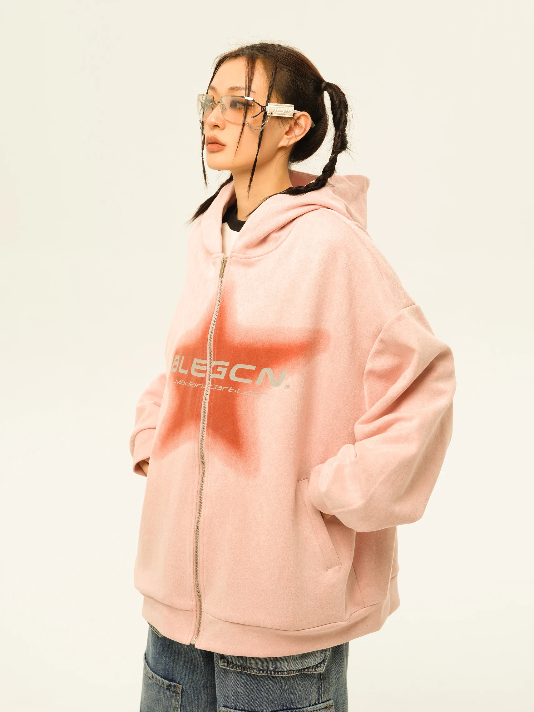 Sweater Coat Women's Vintage Suede Pink Spring and Autumn American Large Size Hooded Cardigan Trendy Zipper Hooded Loose