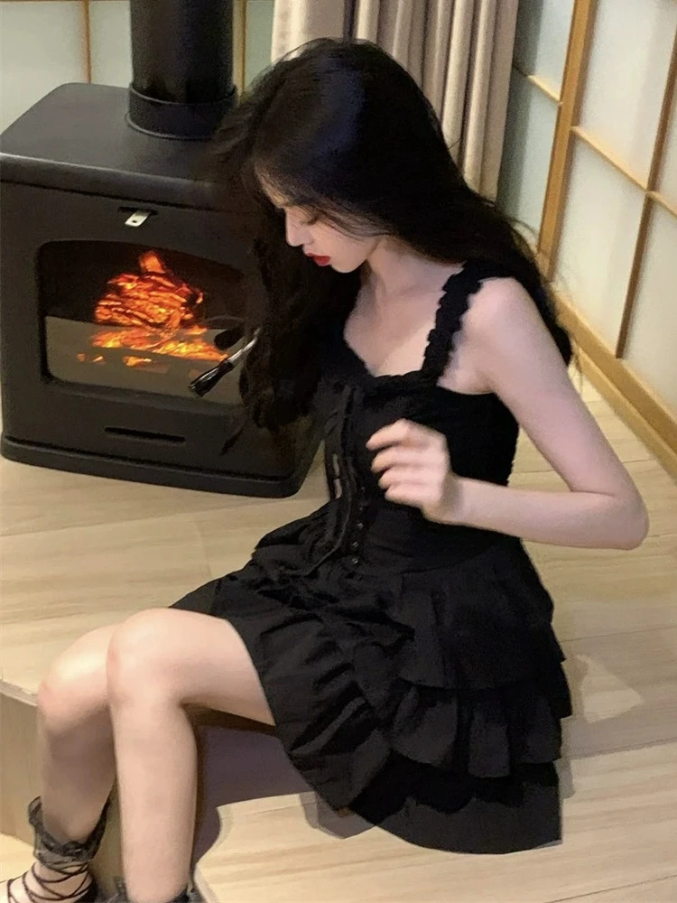 여성용 프렌치 블랙 우아한 홀리데이 파티 붕대 케이크 주름 미니 원피스, 백리스 섹시 클럽 민소매 프릴 슬립 원피스, 여름