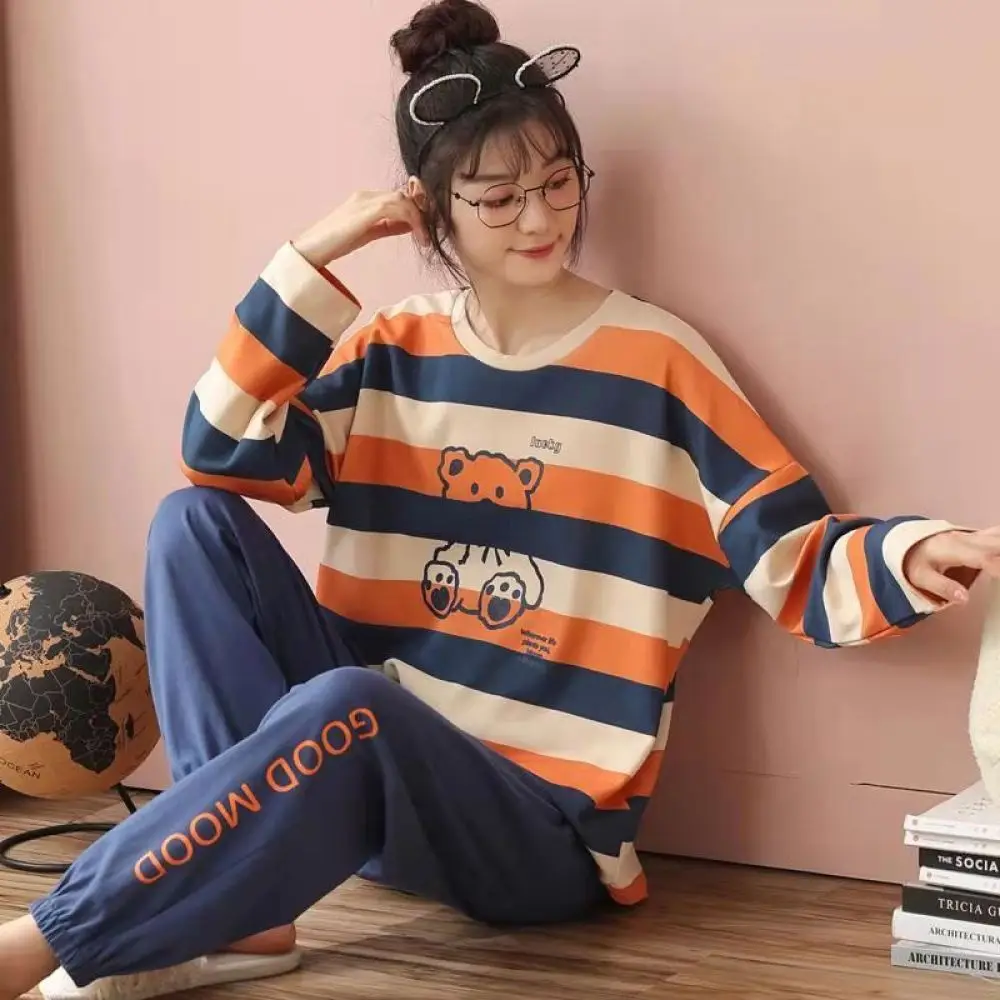 

Big Size 3XL Women's Pajamas Sets Striped Pyjamas Loungewear Summer Autumn Sleepwear Cartoon Pijamas Mujer 2 Piece Pjs Homewear