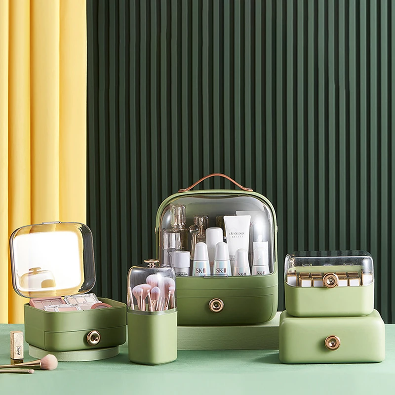 Fashion Green Luxury Cosmetics Storage Box Dressing Table Dustproof Makeup Organizer Case Desktop  Makeup Storage Holder Rack