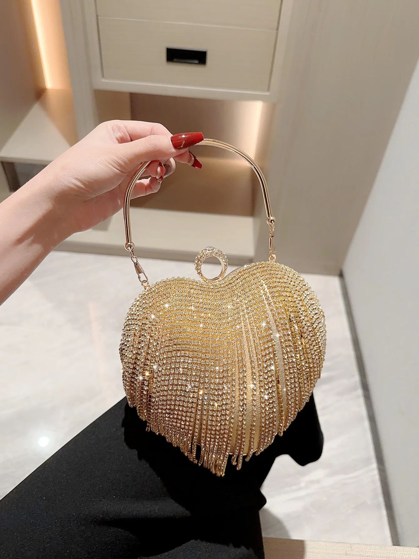 

Rhinestone Clutch Heart Shape Luxury Tassel Evening Purse Bag Diamond Wedding Party Handbag Sliver Gold Sling Shoulder Bags 2023