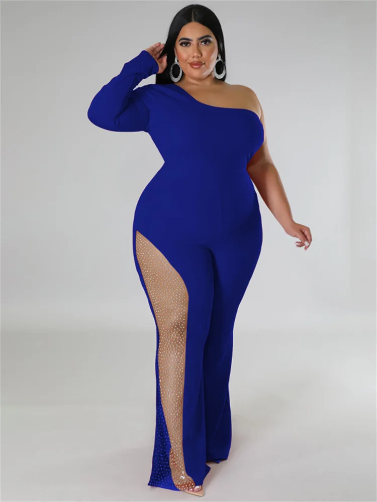 Wmstar Plus Size Women Clothes Jumpsuit Solid Single Sleeve Fashion Sexy Mesh Side Patchwork Romper Wholesale Dropshipping 2022