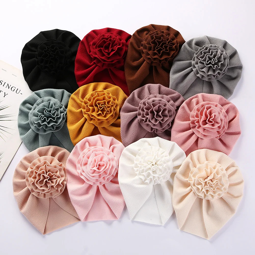Big Blossom Flower Ribbed Turban Baby Hats Topknot Cotton Cap Toddler Boy Girl Headwraps Bonnet Newborn Beanies Kids Accessories 6
