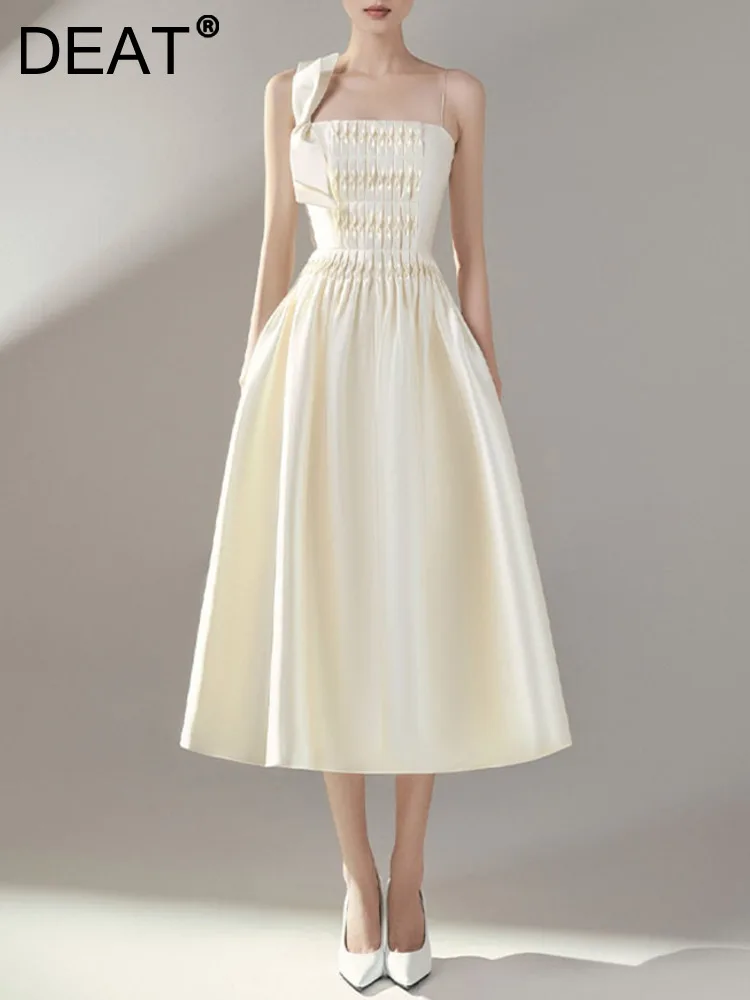 

Женское платье-майка без бретелек DEAT, однотонное ТРАПЕЦИЕВИДНОЕ вечернее платье с бантом и высокой талией, модель 15G1494 на весну и лето, 2024