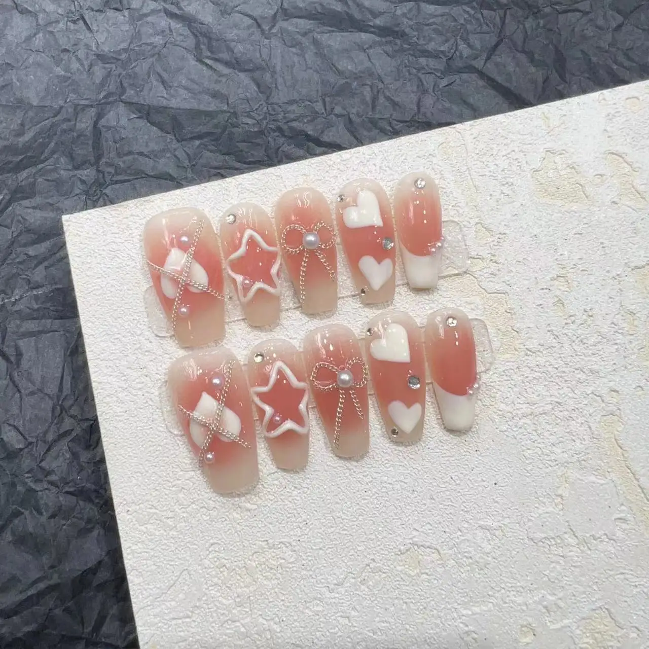 

10Pcs Pink Coffin Handmade Press On Nails Full Cover Heart Design Pearl Flower Gradient False Nails Wearable Manicure Nail Tips