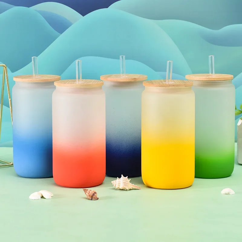 Sublimation Blank Straight Glass Tumbler Gradient Color 17oz Coffee Mug Juice Beer Wine Tumblers Frosted Cup with Bamboo Lid