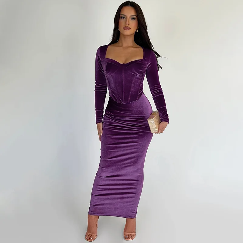 Autumn Scoop Neck 2 Piece-Set Maxi Skirt For Women Patchwork Long Sleeve Slim Luxury Party Looks Female Skinny Outfits New