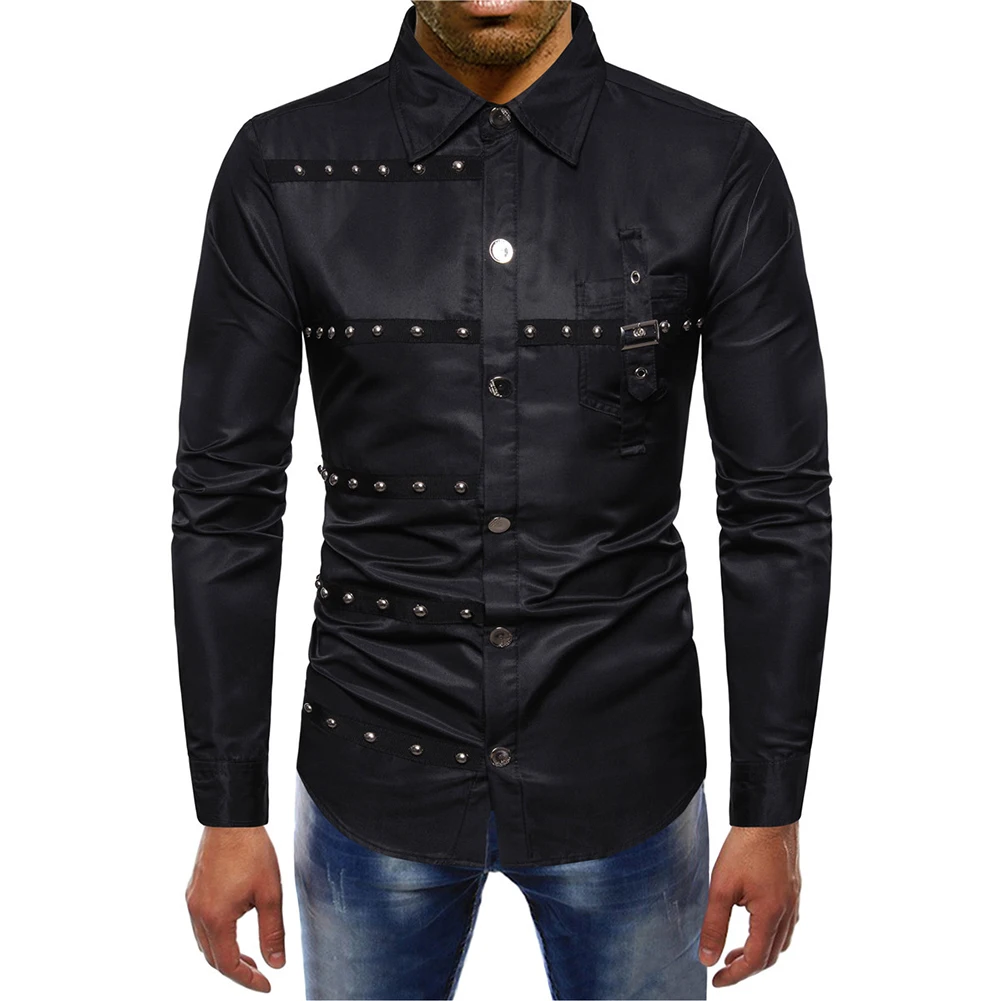 

Blouses Mens Shirt 1 Pcs Button Collared Comfortable Four Seasons Gothic Style Long Sleeve Polyester High Quality