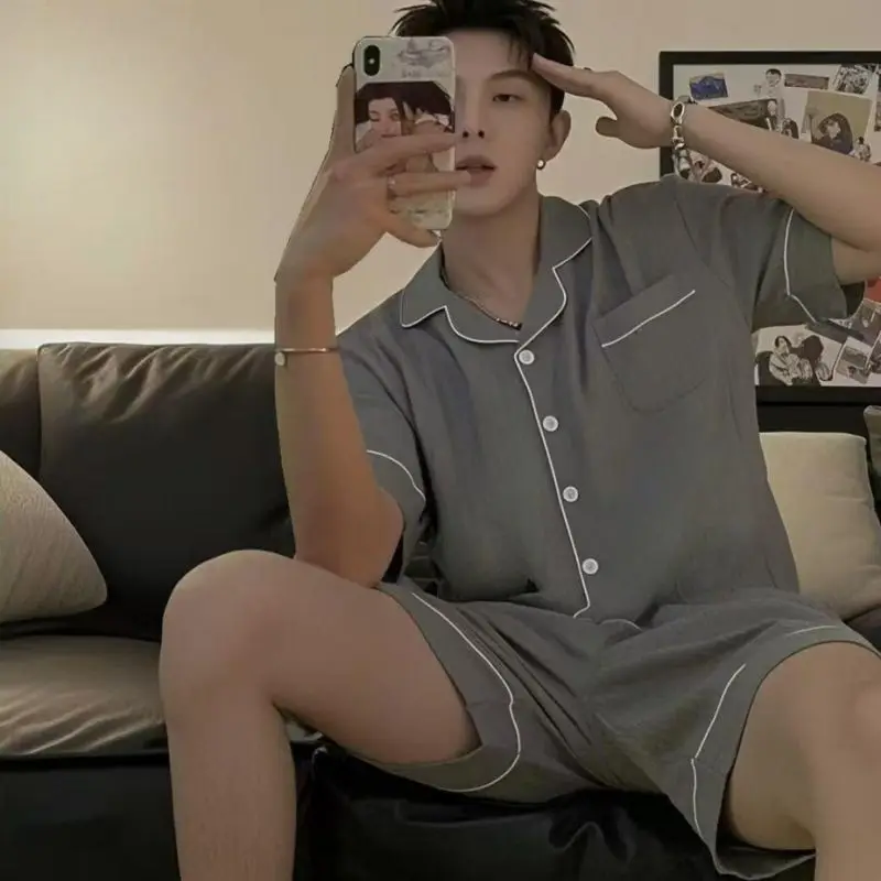 بيجامة رجالية كبيرة من غزل القطن الخالص للربيع والخريف بأكمام طويلة ملابس خارجية سوداء بسيطة طقم ملابس منزلية صيفي