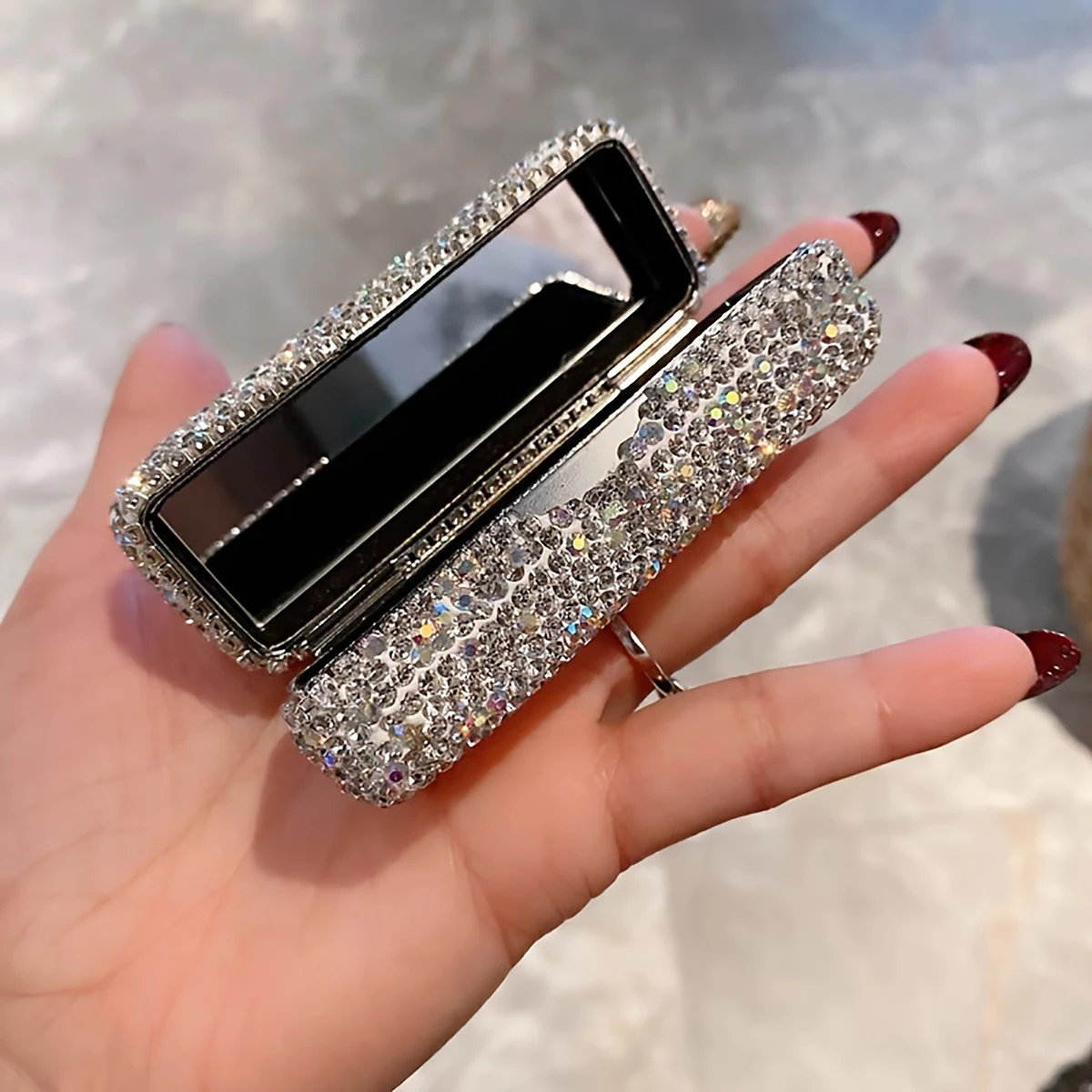 Luxury Rhinestone Decor Lipstick Box, Lipstick Protective Cover With Mirror, Single Carry 2