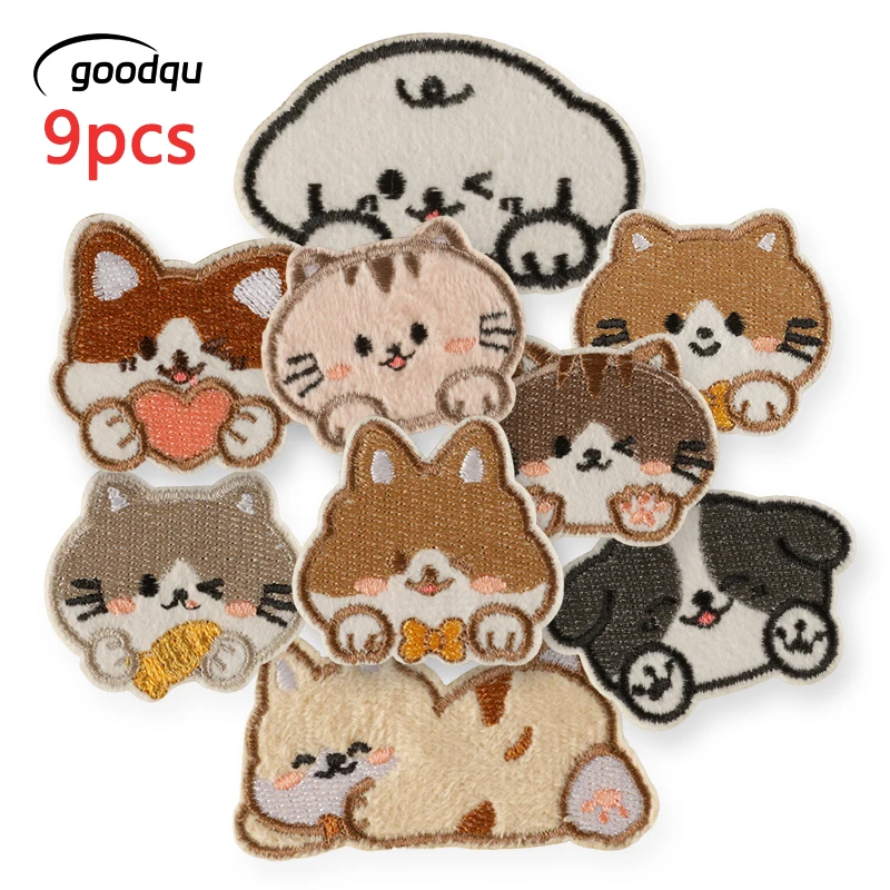 9-teiliges Katzen-Hunde-Tier-Set, niedliche selbstklebende Aufnäher für Kleidung, Kinder, bestickte Eisen-Aufkleber-Packung, Mädchen, Nähen, Stoff, Jacken, DIY