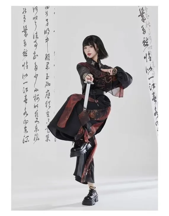 Niche Bisex Swordsman Costume Men Women Upgraded Chinese Style Embroidery Shirt Stylish Cool Black Street Skirt Pants Han
