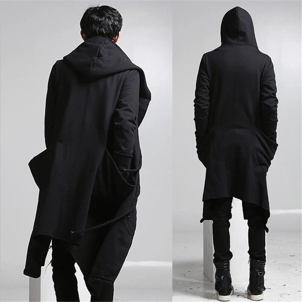 Description Picture 4 of itemAutumn Winter Men Punk Hip Hop Slim Fit Long Trench Coat Hooded Cloak Cardigan Mens Linen Rope Design Gothic Jackets Outerwear