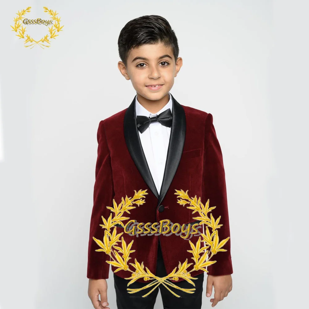 Velvet Kids Suit 2 Piece Shawl Collar Jacket Pants Wedding Tuxedo for