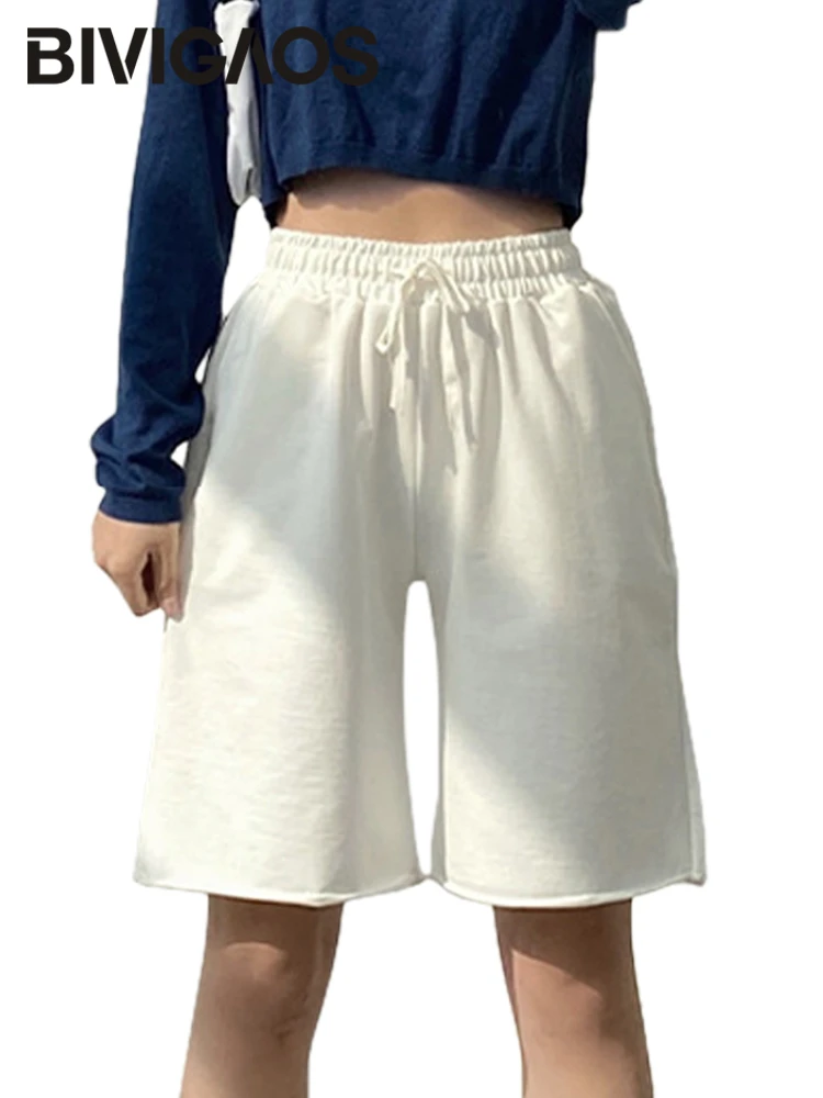BIVIGAOS pantalones cortos deportivos de cintura alta para mujer, Shorts informales holgados pierna rectos hasta la rodilla, con dobladillo enrollado, novedad de verano|Pantalones - AliExpress