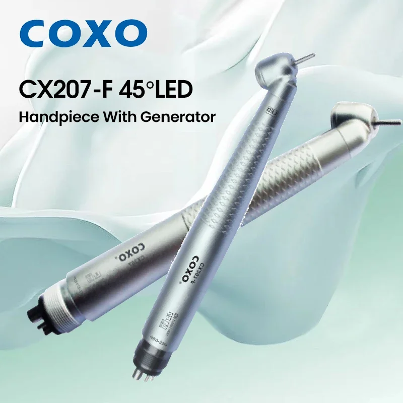 

COXO CX207-F 45° Angled Dental High-Speed LED Handpiece - Pneumatic Turbine with 3-Way Coolant Spray for Cleaning & Whitening