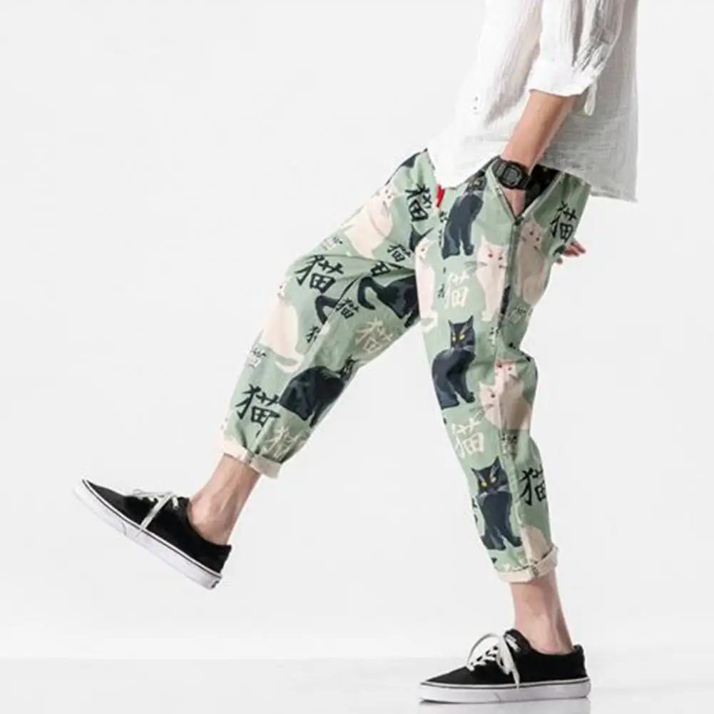 

Stylish Men Summer Sweatpants Cat Print Men Trousers Drawstring Mid Waist Spring Ninth Pants Dress-up