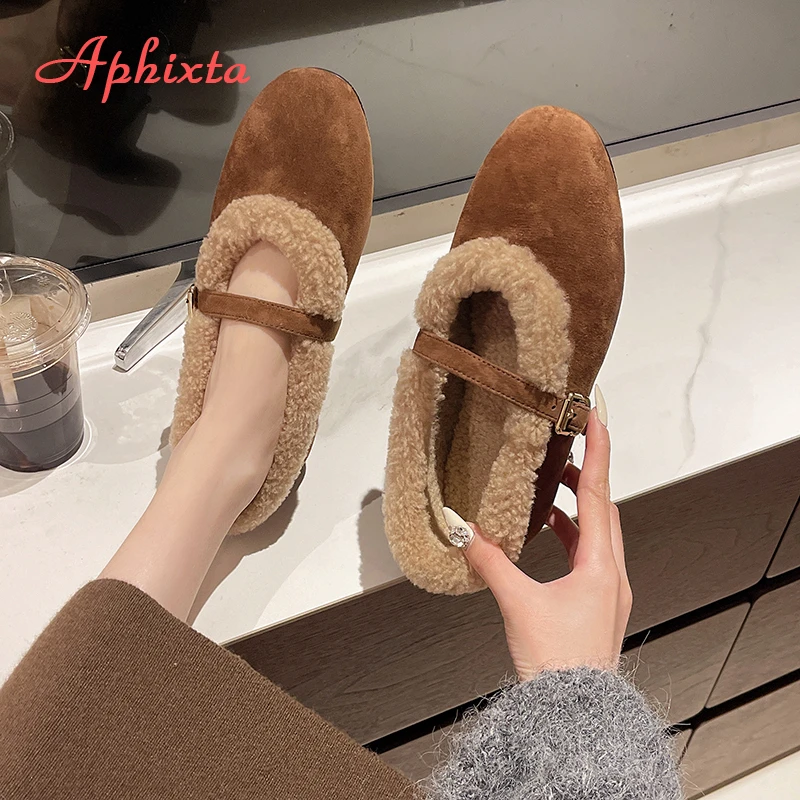 Aphixta Slip On Furry Woman Flat With Shoes Buckle Shallow Winter Warm Woman Shoes Fashion Flats Casual Mary Janes