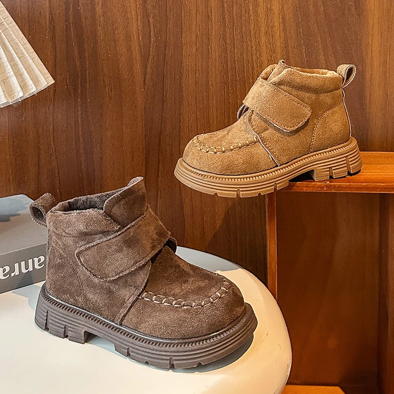 Children Ankle Boots Retro British Style Girls Fashion Princess Boots Suede Warm 2025 Winter New Kids Short Boots Hook&loop Soft