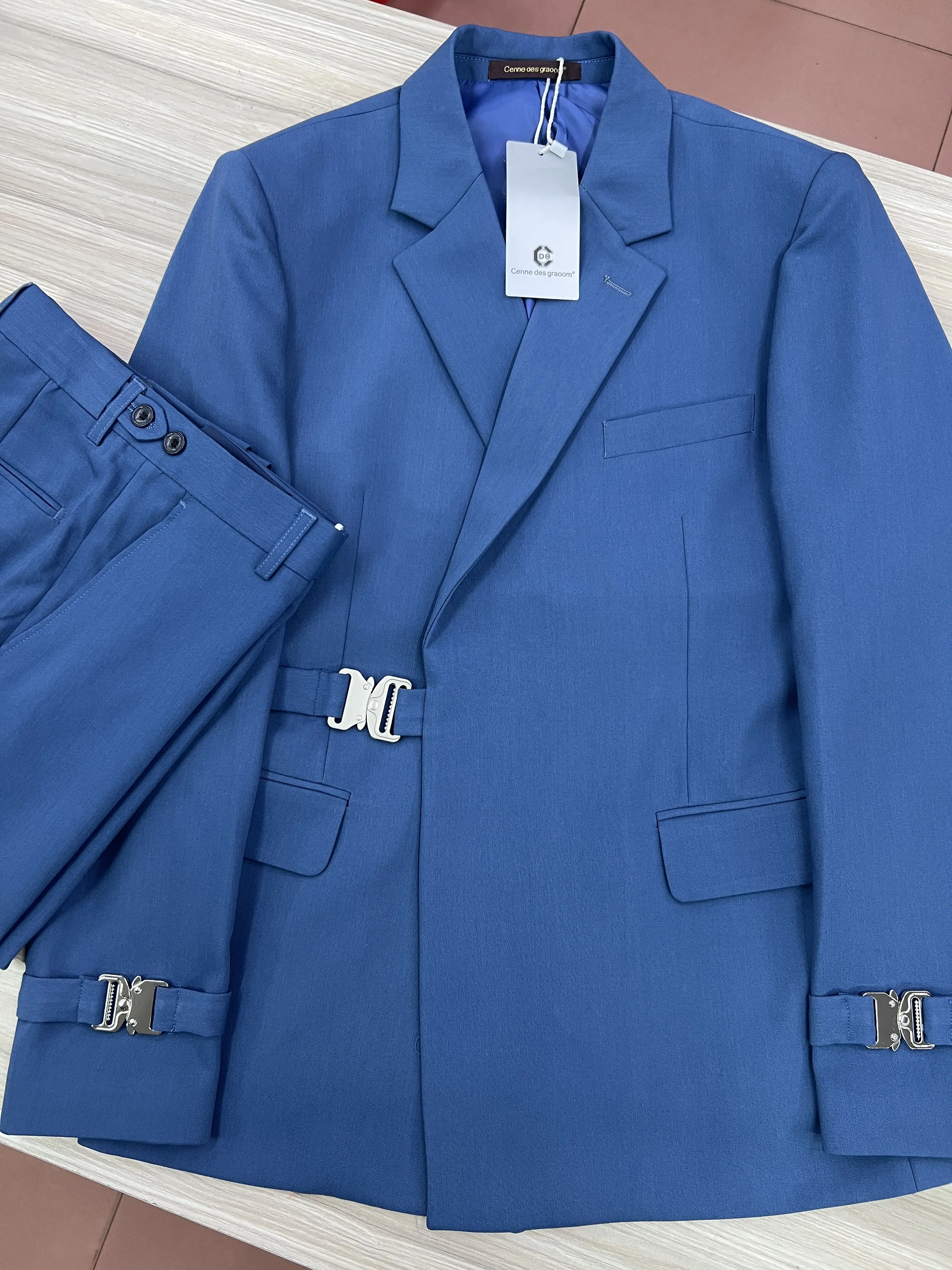 Mens Suit Men Suits Blue Jacket Trousers 2 Pieces Set Metal Side Release Buckle