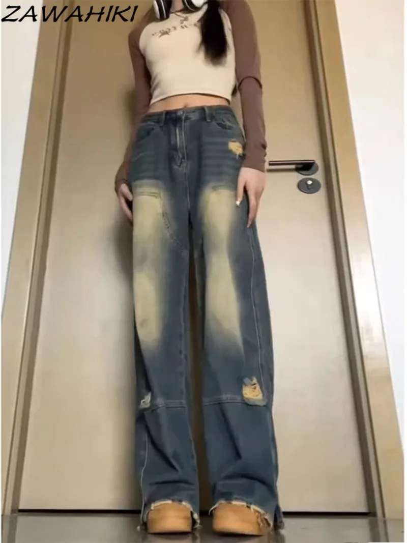 

American Distressed Hole Solid Color Summer New High Waist Women Jeans Loose Wide Leg Straight Y2K Vintage Chic Baggy Trouser