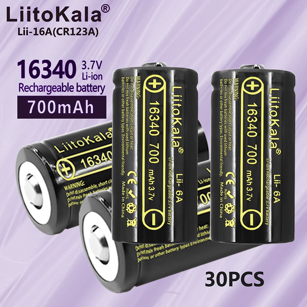 

30PCS LiitoKala Lii-16A 16340 Rechargeable Battery 700mAh 3.7V Lithium Li-ion CR123A for LED Flashlight Arlo Security Camera L70