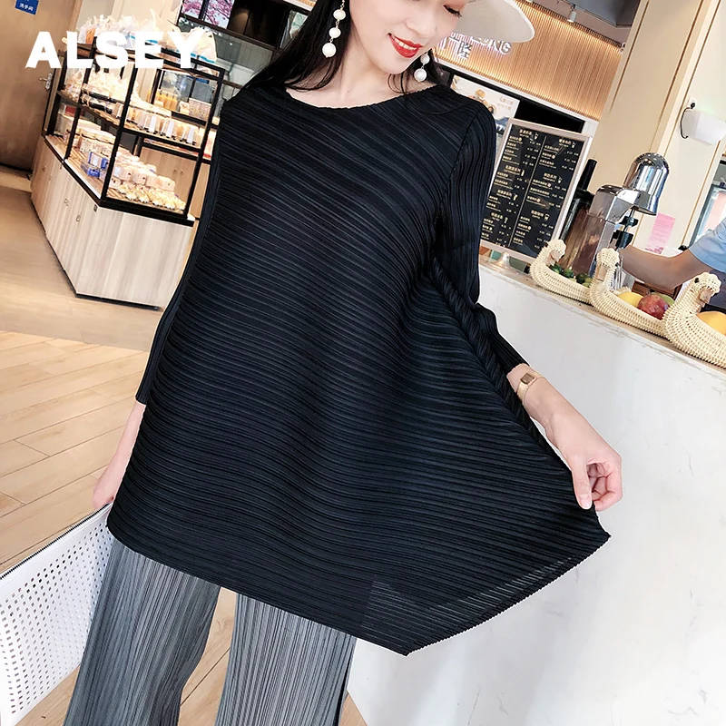 

ALSEY Miyake Pleated Tops Women's Long-sleeved Slash Women's Fashion Slim Office Lady Round Neck T-shirt New Spring Summer