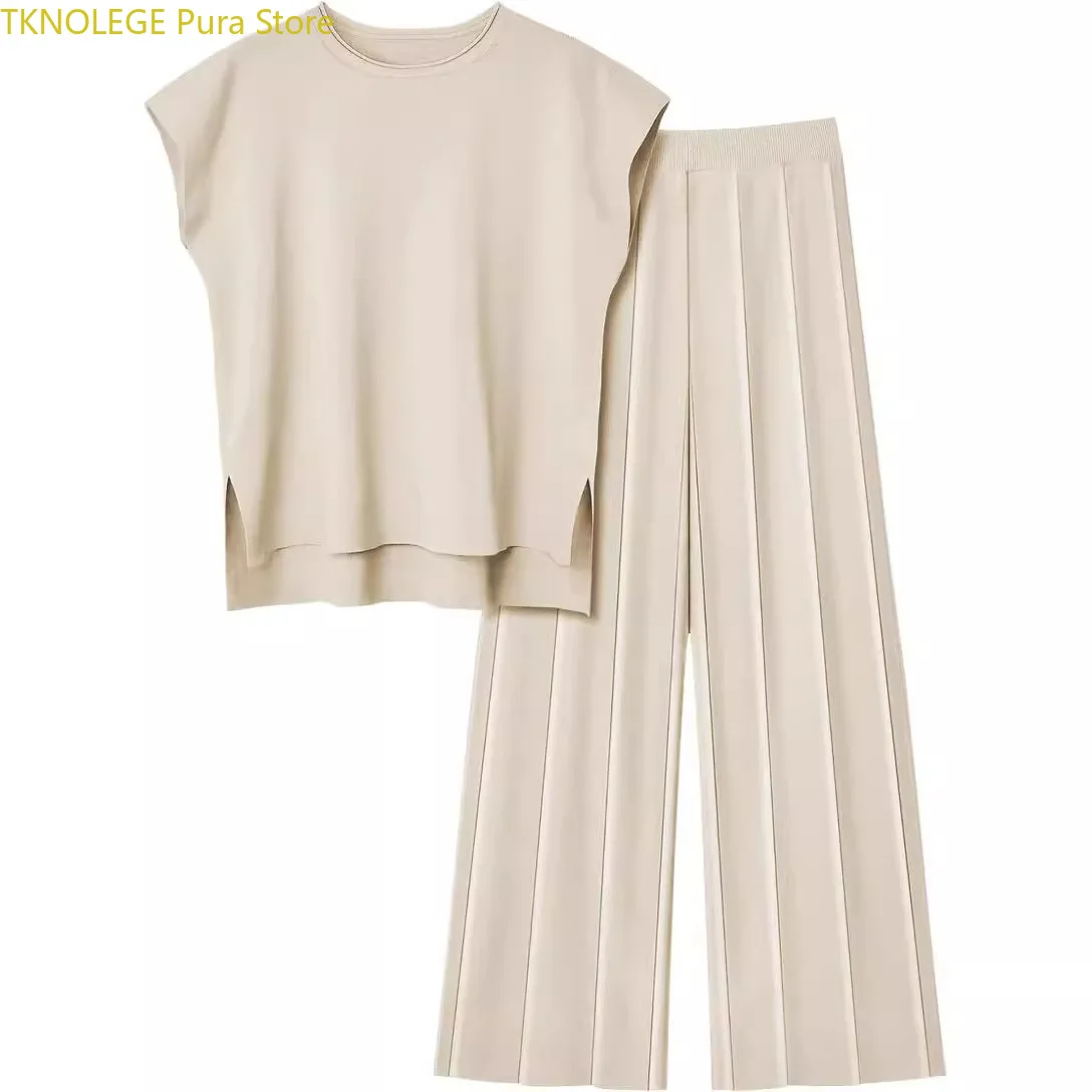 TKNOLEGE Knit Two-piece Set Women's Knit in Summer Air-conditioned Room Casual Suit Sleeveless Vest Sweater and Wide-leg Pants