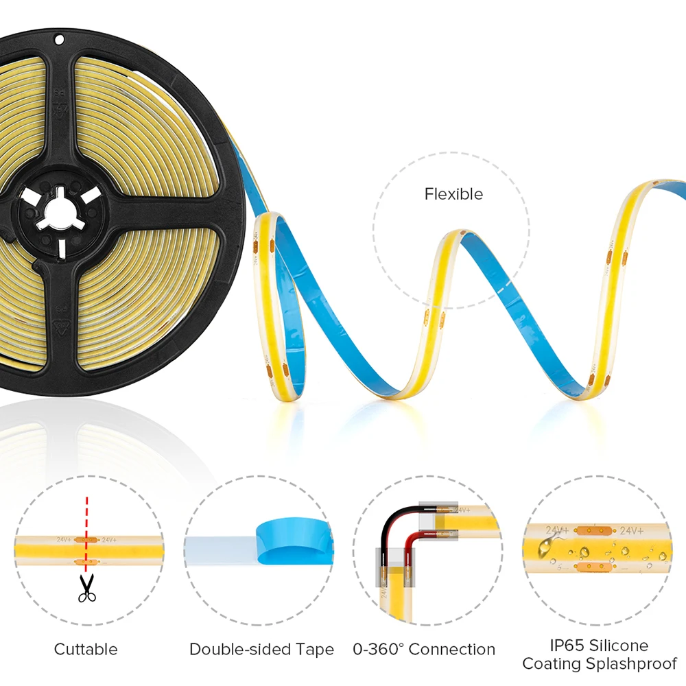 Tayire COB Tira De Luz LED DC24V Blanco Cálido 3000K, 5M 480LED/m CRI90+ 4mm Súper Brillante Flexible Para Fiestas, Mostradores, Decoración Del Hogar (Solo Tira