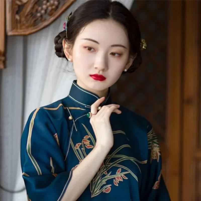 Retro Navy Blue Stand Collar Tang Suit Shirt Skirt Traditional Chinese Clothing for Women Casual Outfit Online Chinese Store