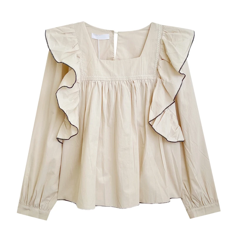 

Korean soft style apricot temperament square collar ruffle contrast pleated autumn loose bubble sleeve shirt