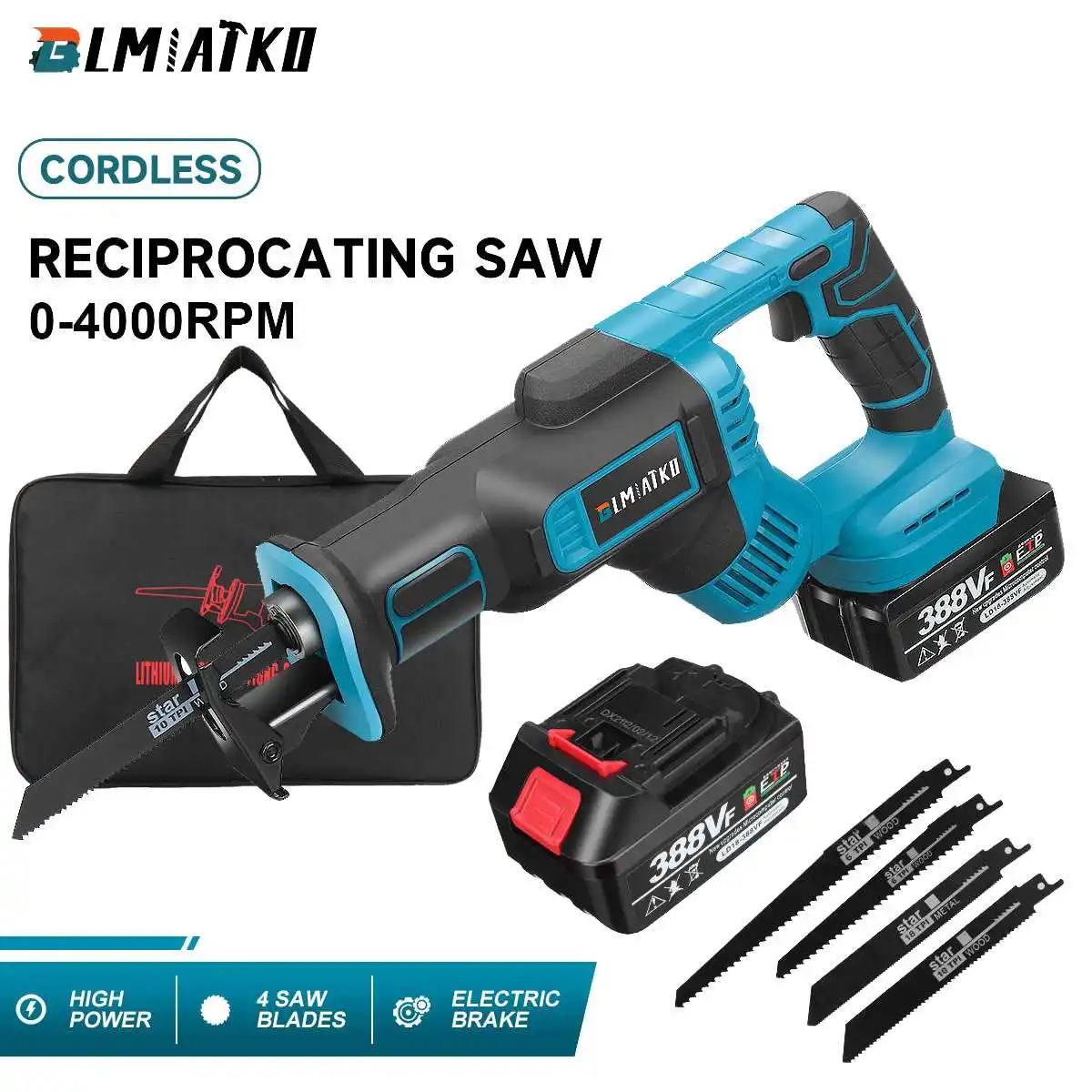 

4000RPM Cordless Electric Reciprocating Saw Variable Speed Metal Wood Cutting Saw 4Pcs Saw Blades for Makita 18V Battery