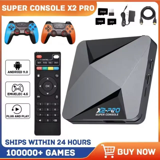 X2 Pro Console de jeu vidéo rétro TV Box plus de 100 000 jeux avec 2 manettes de jeu Super Console 4K 60 + émulateurs de jeu pour DC/Arcade/MAME/Sega 1