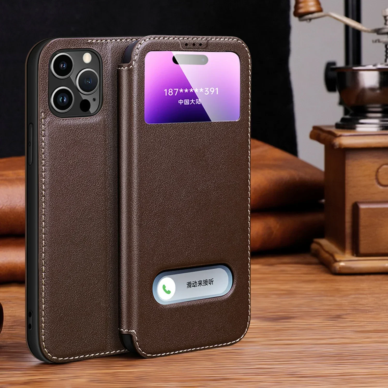 Premium Genuine Leather Magnetic Flip Phone Case with Clear View Window
