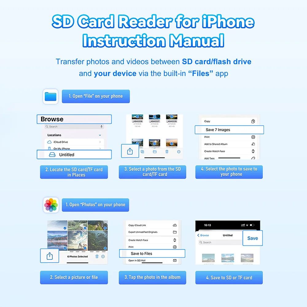 아이폰용 SD 메모리 카드 리더기 USB C/라이트닝 듀얼 인터페이스 디지털 카메라 어댑터, 맥북/USBC 노트북용 SD/TF/SIM 카드 지원