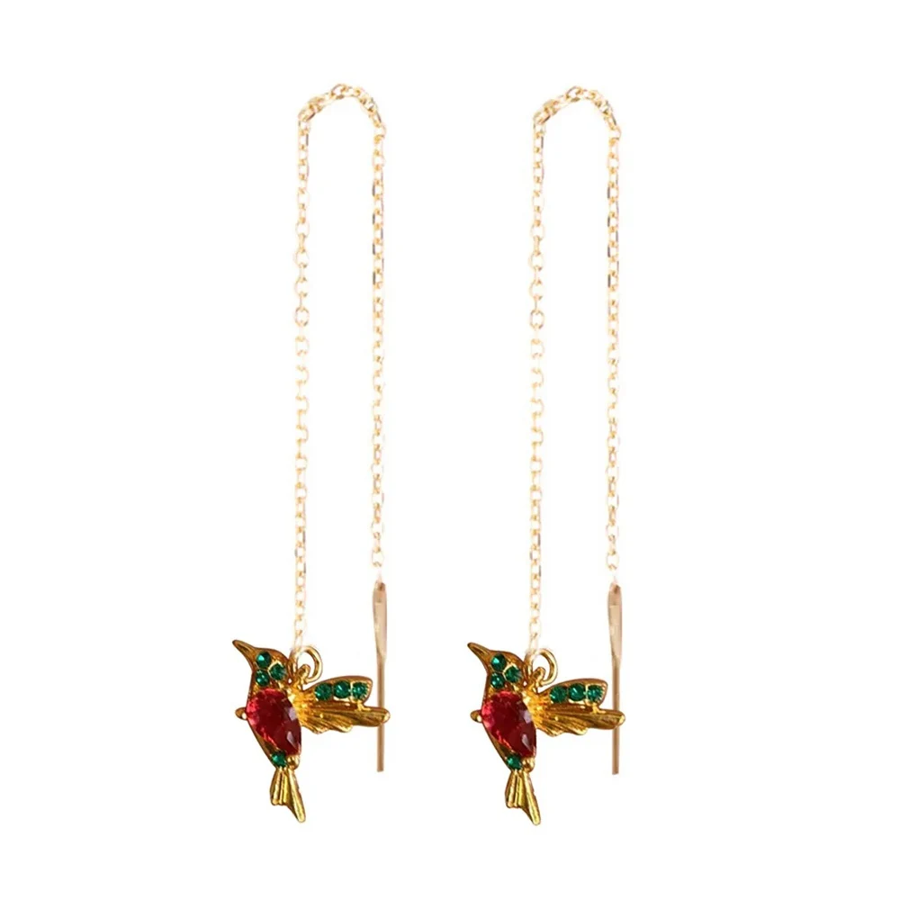 Drop Earrings Gold Color Metal Hummingbird Red CZ Long Women Green Stone Red CZ Wing Spreading Wedding Party Jewelry