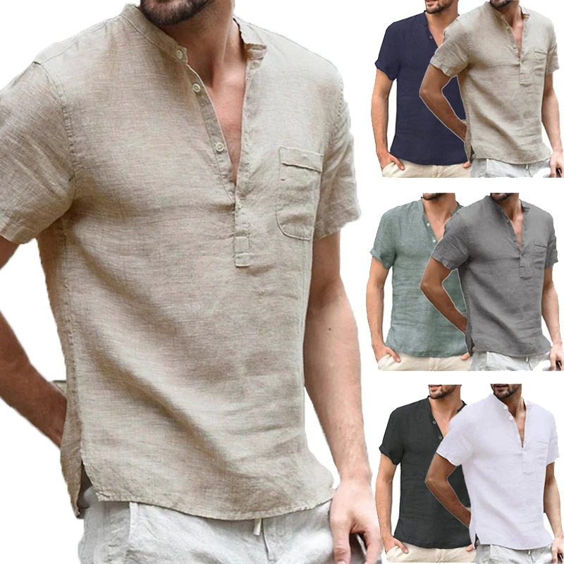 

New Summer Fashion Cotton Linen Casual Shirts Male Short Sleeve Breathable Tops