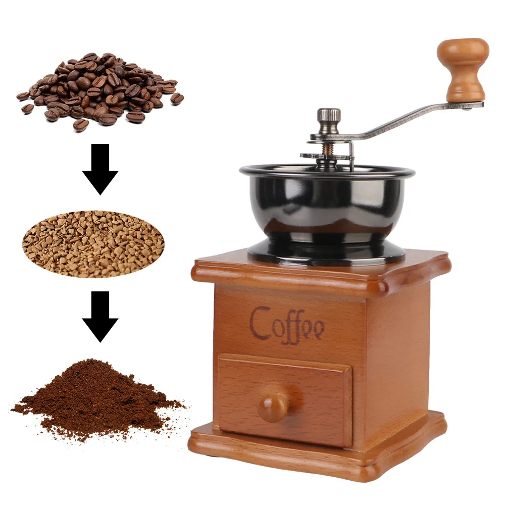 Description Picture 6 of itemWith Ceramic Millston Spice Burr Mill Coffee Manual Coffee Bean Grinder Utensils Stainless Steel Handle Retro Style Wooden