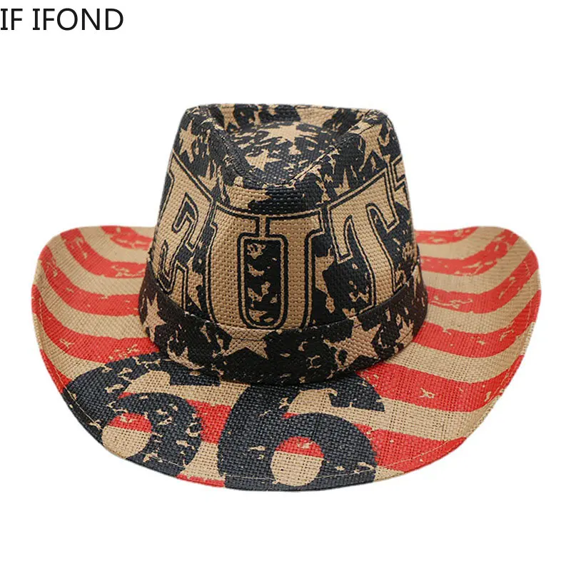 

Fashion Print Straw Sun Hat for Men Women Summer Vintage Western Cowboy Hat Panama Party Hat Cowgirl Jazz Hat