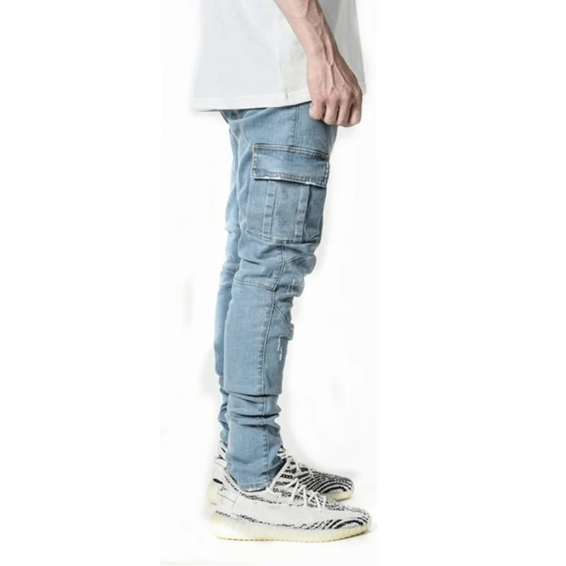Men's jeans casual cotton jeans multi-pocket denim cargo pants fashion street jeans side pockets men's pencil pants