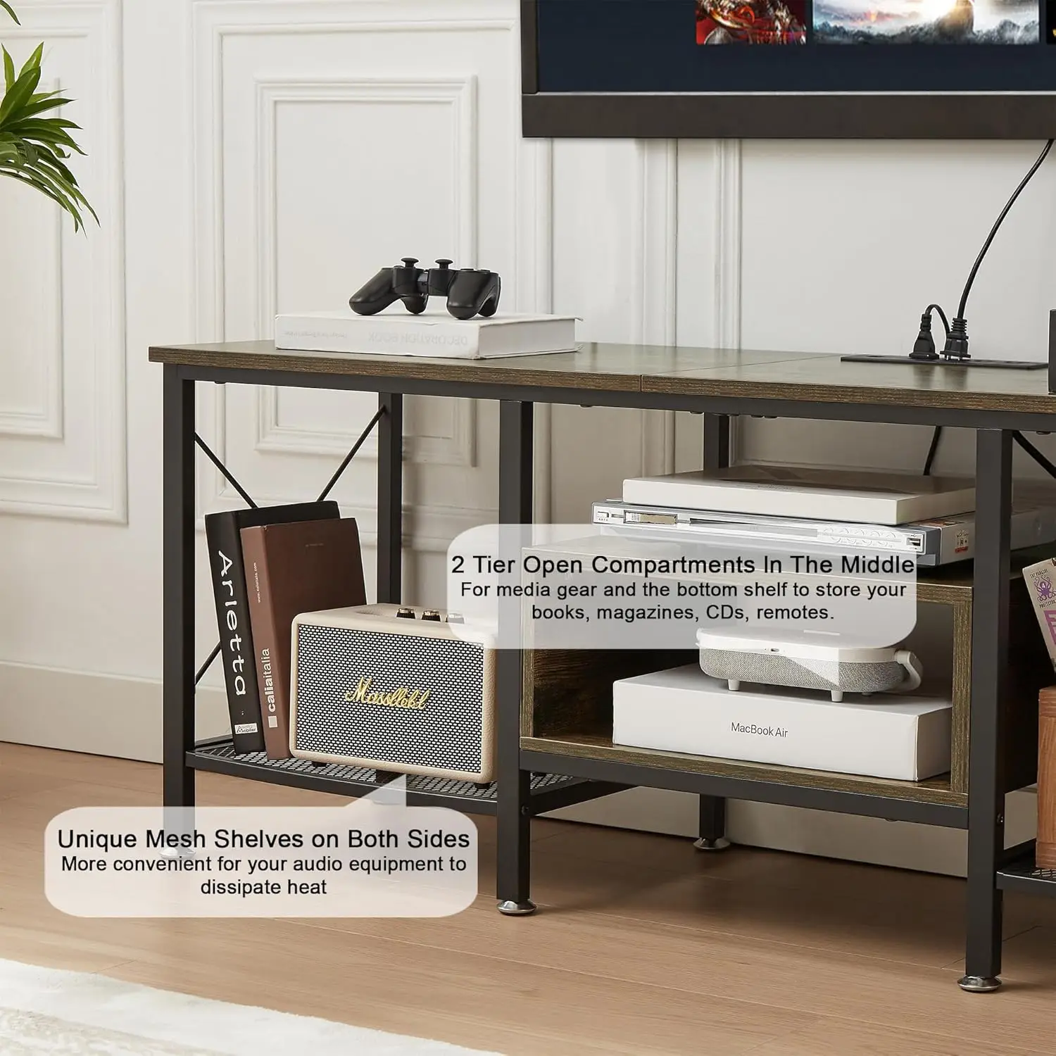 TV Stand with Power Outlets for 75" TVs, 70" Industrial Entertainment Center with Charging Station, 3-Tier Shelves – Brown