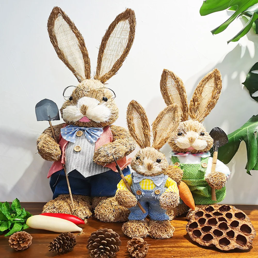 45cm Artificial Straw Bunny Handmade Standing Rabbit Ornament Garden  Decoration Easter Theme Party Supplies Home Decor Crafts
